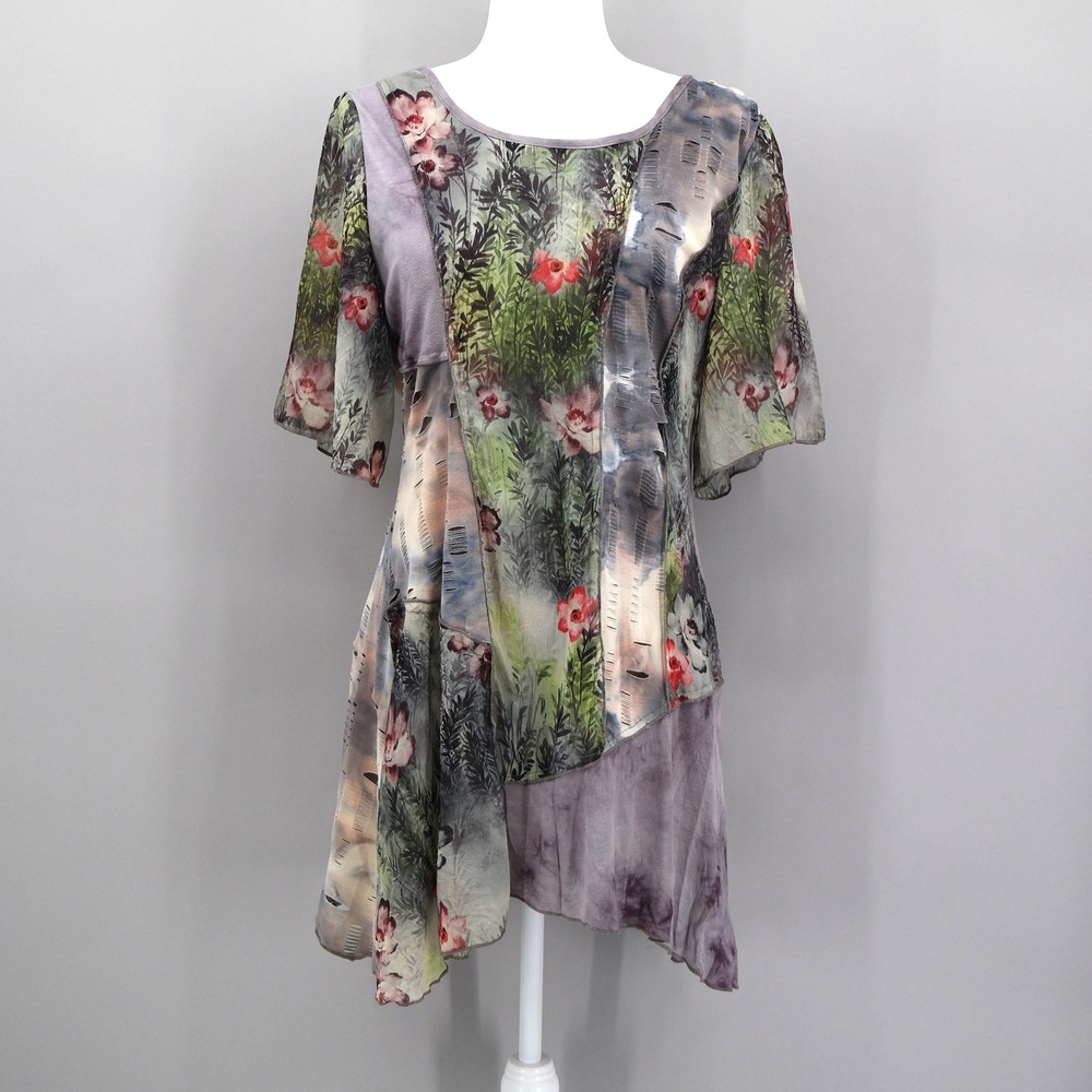 LV Collection Asymmetrical Hem Dress Womens S Gray Lagenlook Floral Fairy Grunge